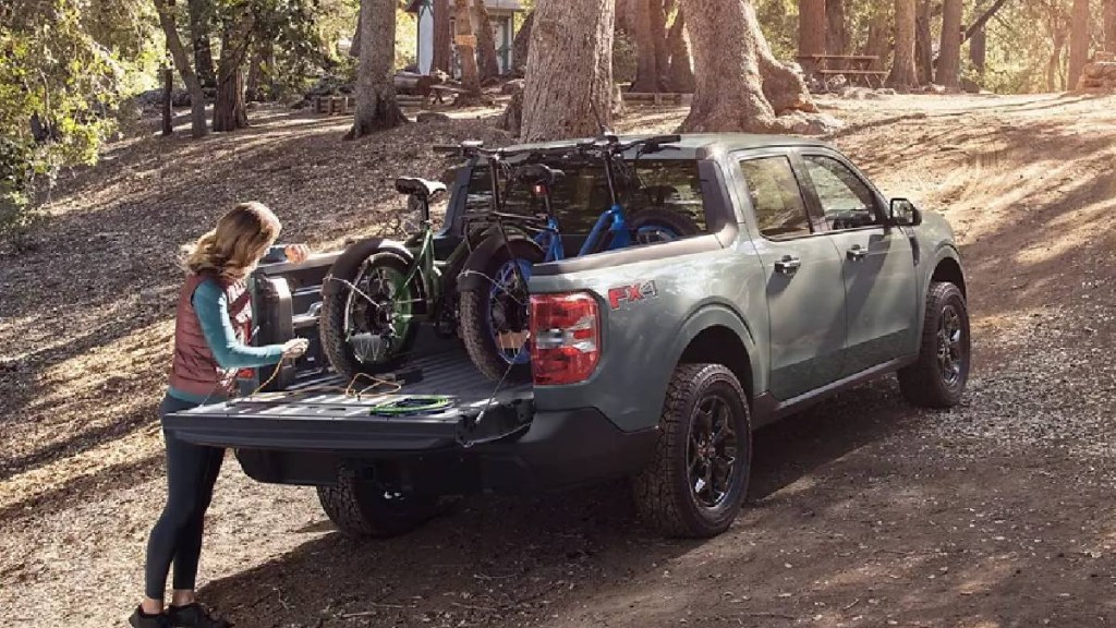 Pickup bed of blue 2023 Ford Maverick, showing Chicken Tax is why no small trucks in America