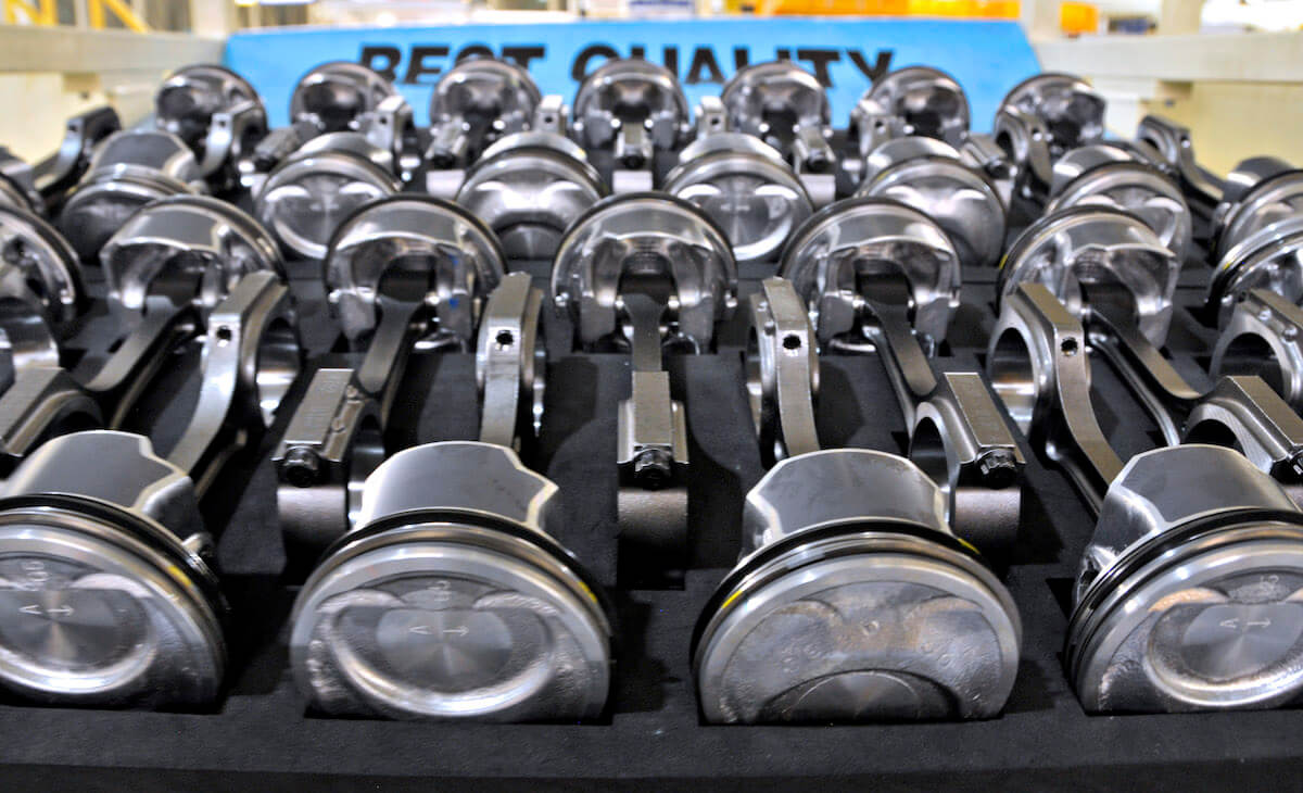 A row of Piston and Connecting Rods in a machine shop
