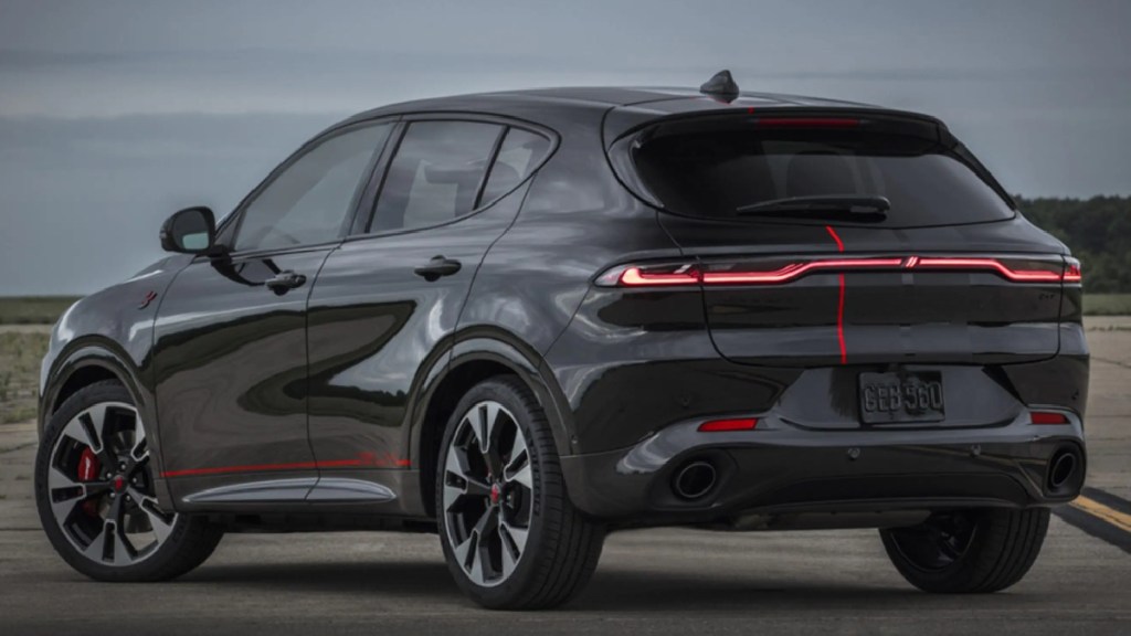 Rear angle view of black 2023 Dodge Hornet, fastest and most powerful SUV that costs under $30,000