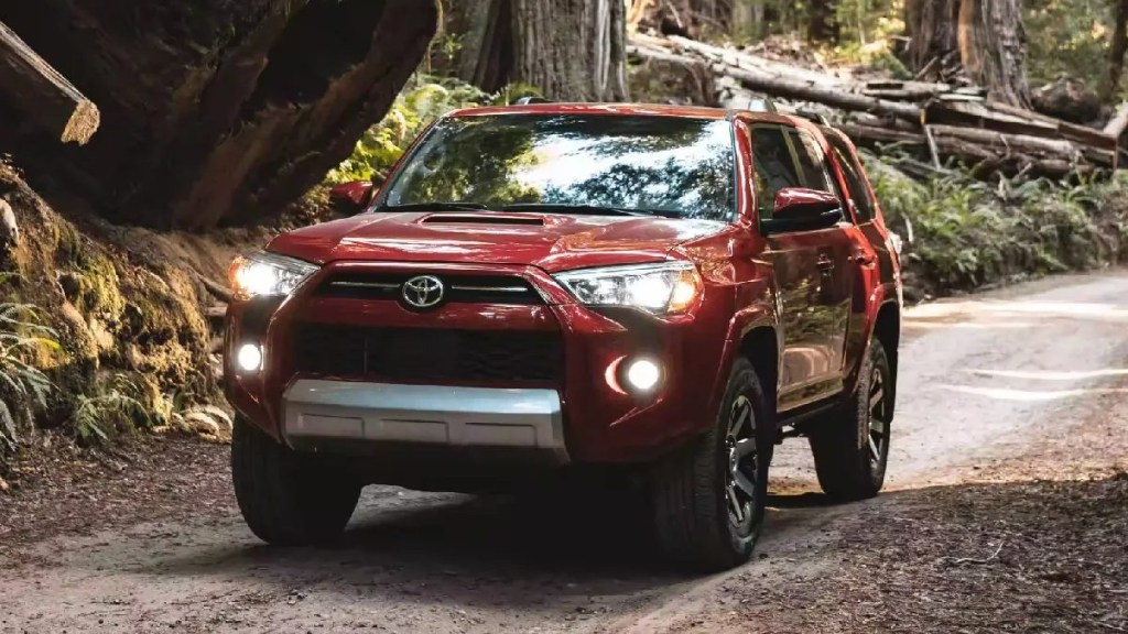 Red 2023 Toyota 4Runner midsize SUV in a forest