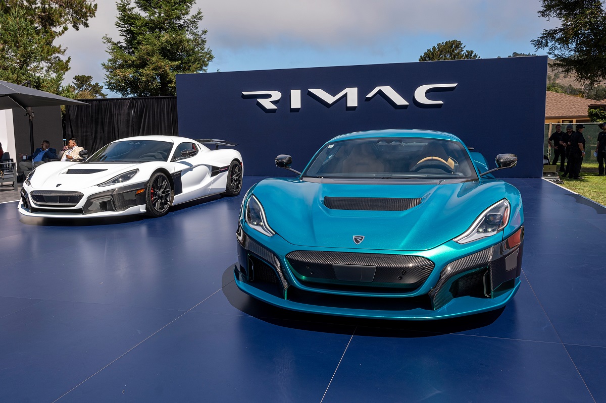 Two Rimac Nevera cars at a car show