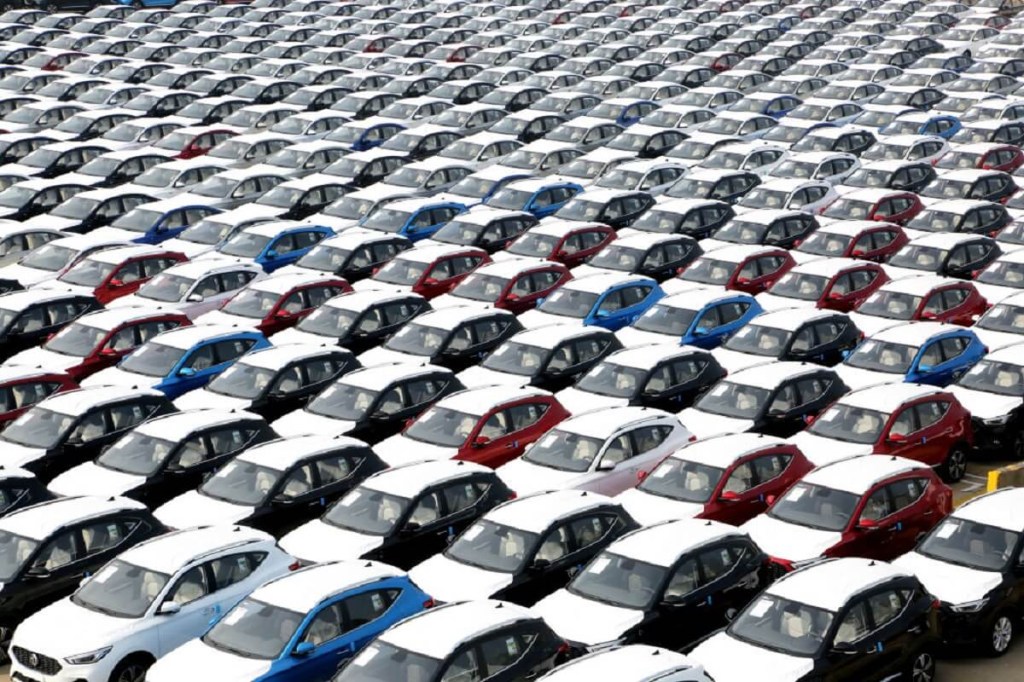 A lot full of hatchback cars from Chinese car brand SAIC await export. 