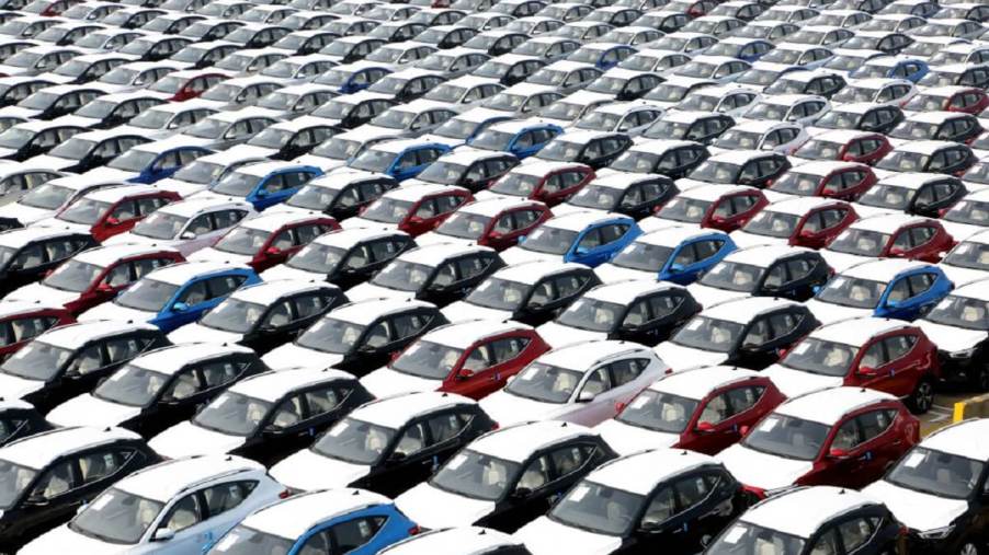 A lot full of hatchback cars from Chinese car brand SAIC await export.