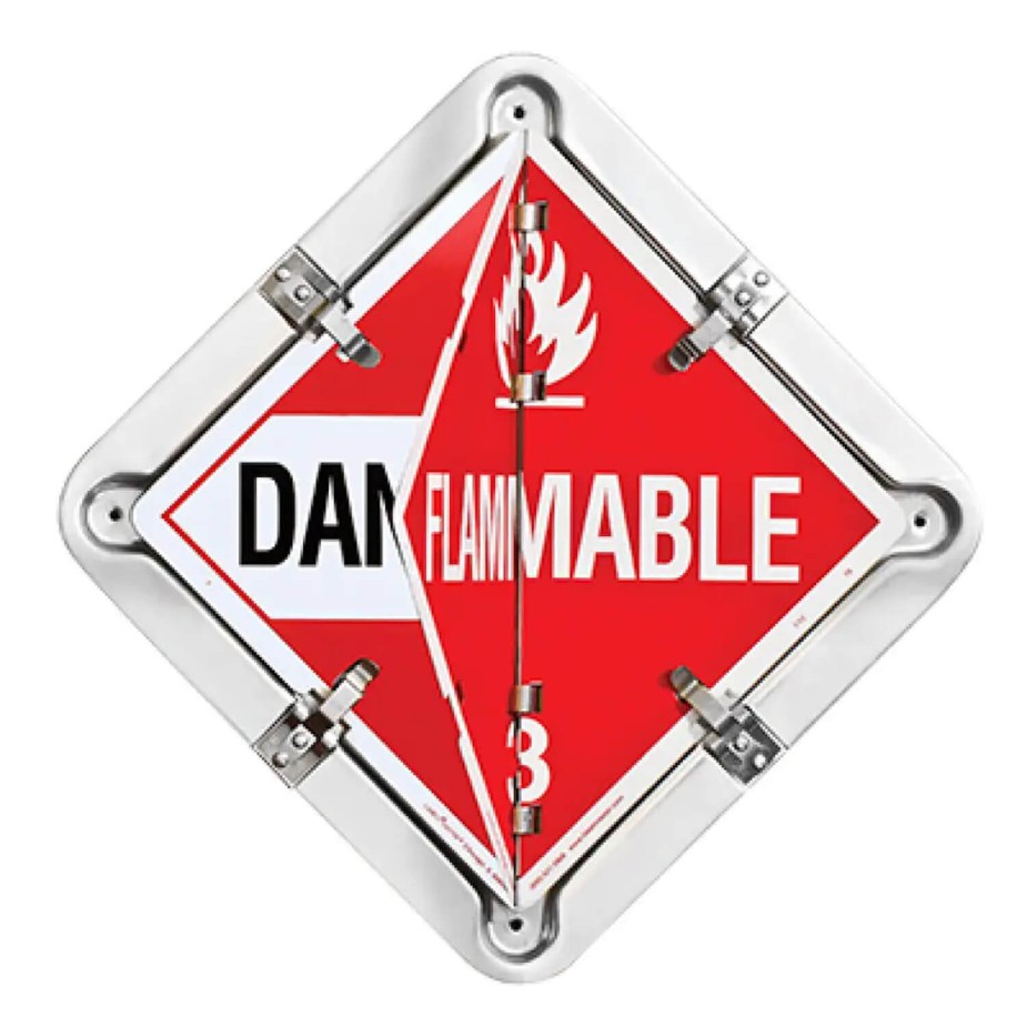A single hazmat placard for a semi-truck trailer in a metal frame being flipped between red Flammable and Dangerous signs.