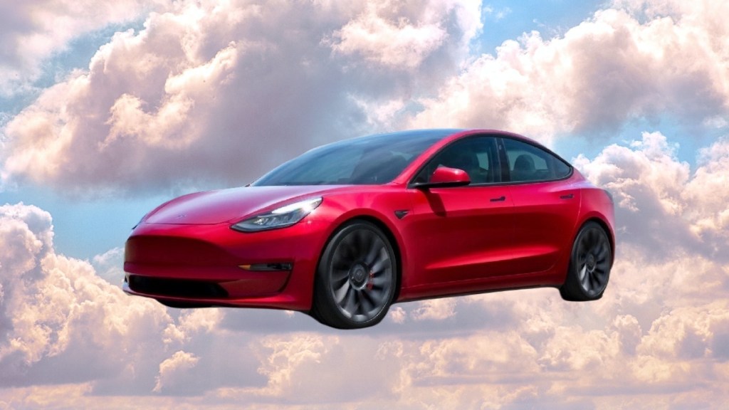 Tesla Model 3 in the clouds, showing how air-powered car could be better than EVs and gas vehicles