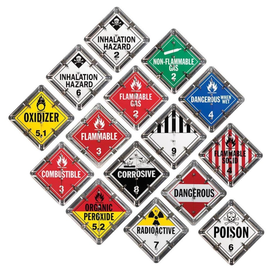 A series of hazmat placards of various colors on a white background.
