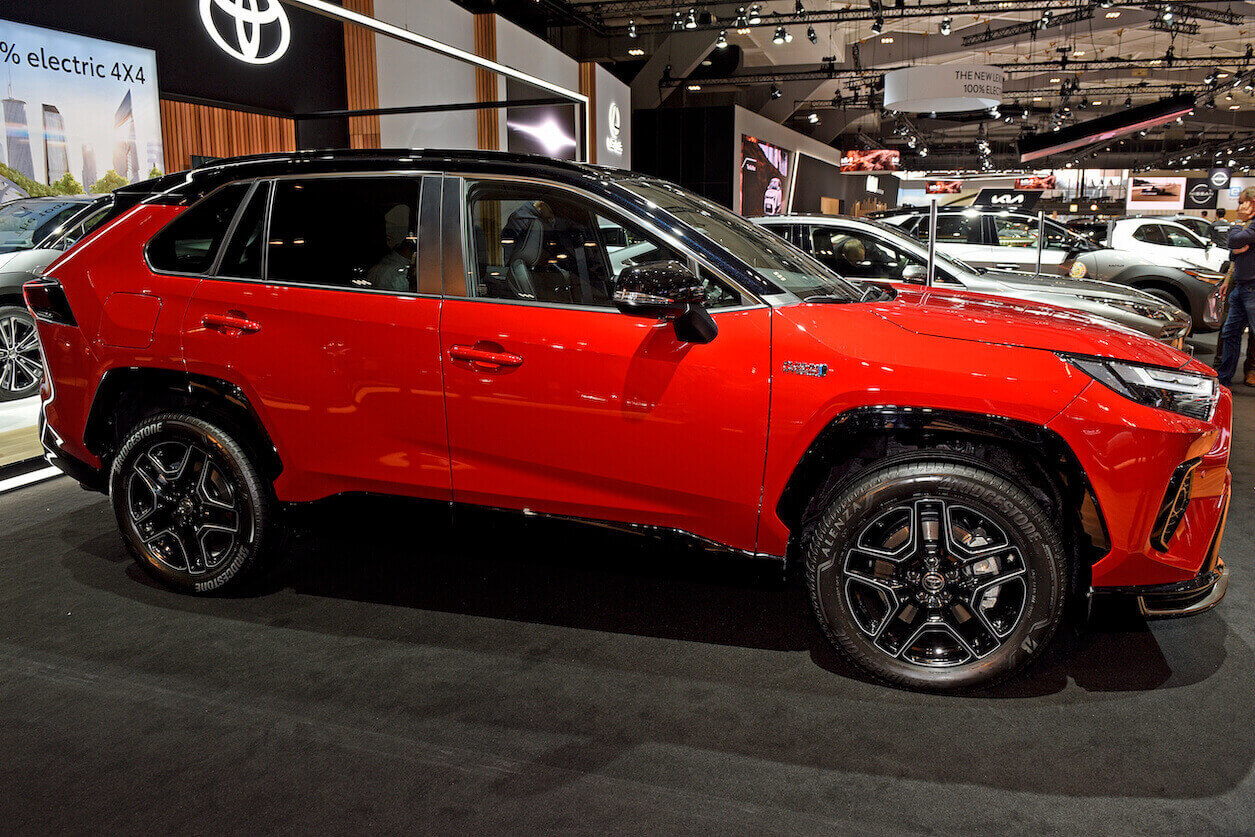 The Toyota RAV4 in red is shown at Brussels Expo
