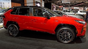The Toyota RAV4 in red is shown at Brussels Expo