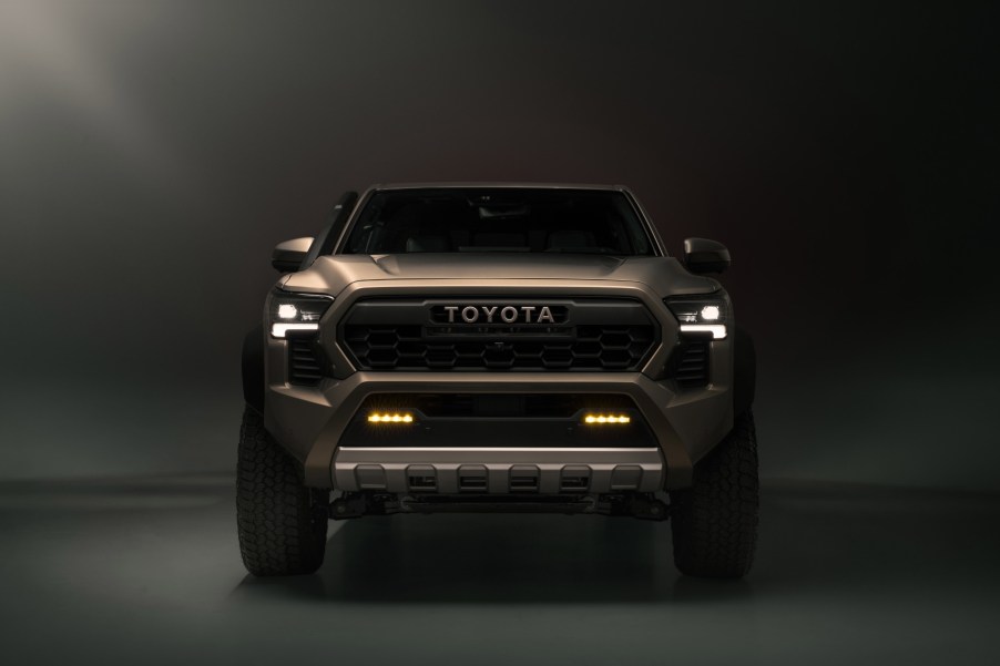 Head-on view of the redesigned 2024 Toyota Tacoma front fascia. The upcoming redesigned 2024 4Runner will likely take styling cues from the pickup.