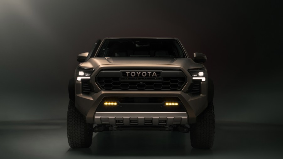 Head-on view of the redesigned 2024 Toyota Tacoma front fascia. The upcoming redesigned 2024 4Runner will likely take styling cues from the pickup.