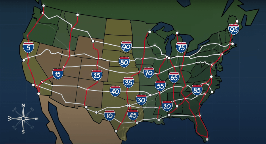 A map of all 19 major north-south and east-west highways in the USA interstate system.