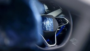 A steering wheel in a Volkswagen AG VW ID.3 electric sedan on the production line at the Volkswagen Sachsen GmbH plant in Zwickau, Germany