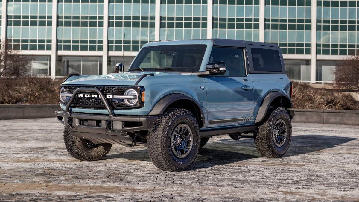 A light blue 2022 Ford Bronco compact off-road SUV model pictured in Dearborn, Michigan