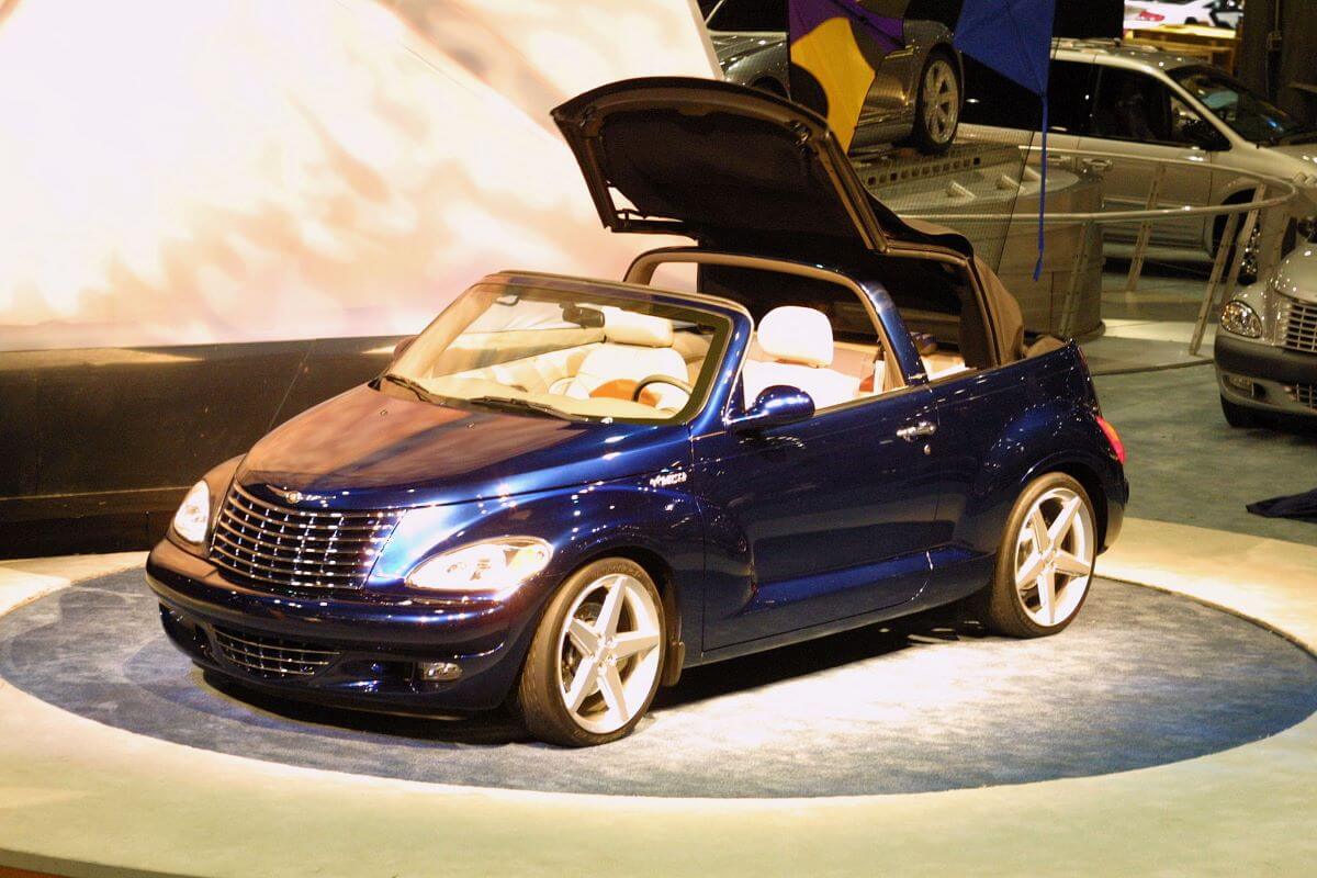 A Chrysler PT Cruiser convertible prototype compact car model on display at the 2001 New York Auto Show