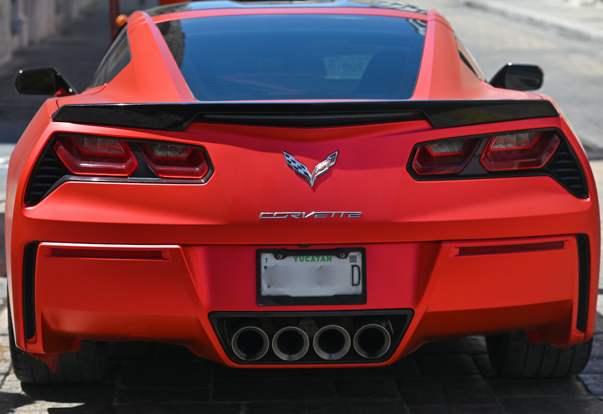 The rear end view of a C7 Chevrolet Corvette