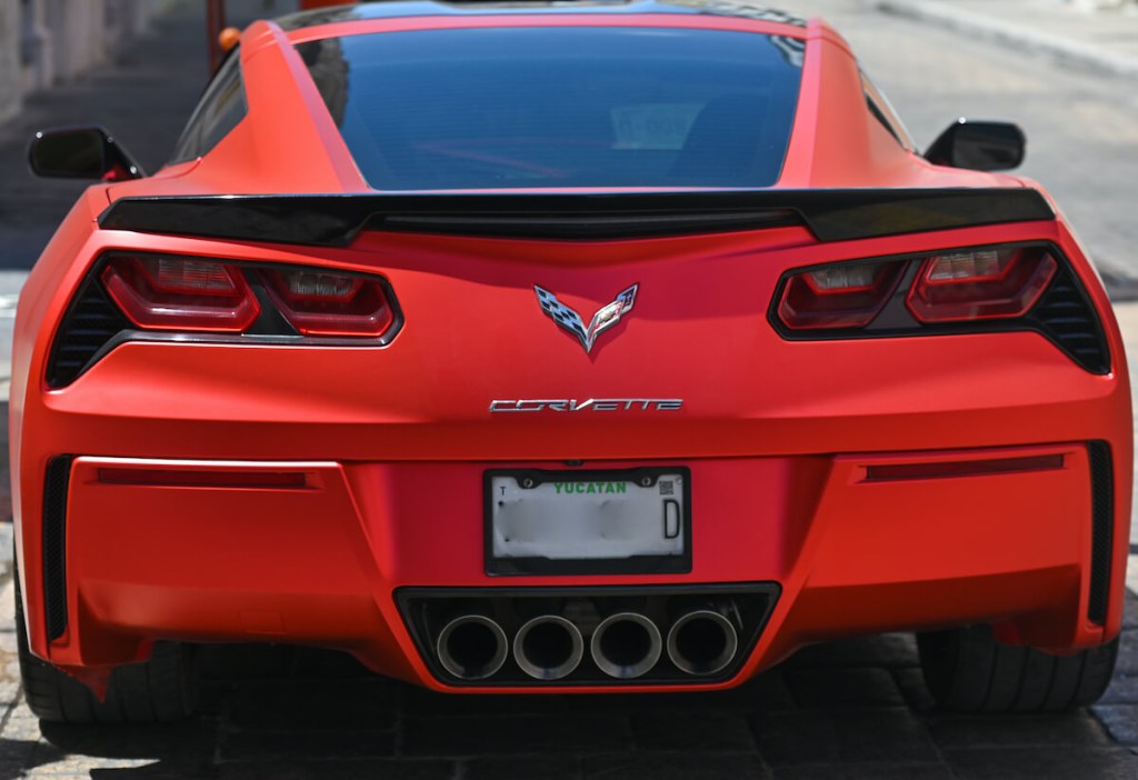 The rear end view of a C7 Chevrolet Corvette