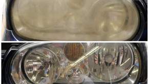 Headlight restoration comparison showing a cloudy headlight cover and one that has been restored
