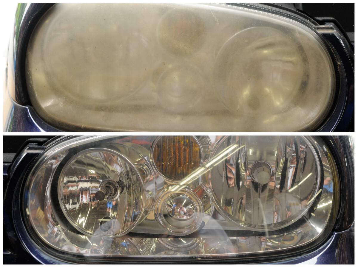 Headlight restoration comparison showing a cloudy headlight cover and one that has been restored