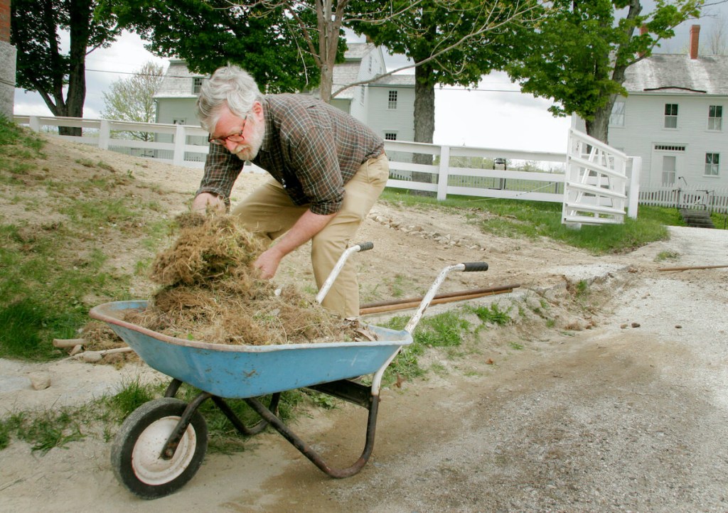 A man clear grass clippings from his yard.