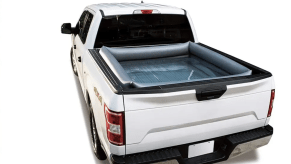 stock image of a white pickup truck with a pool in the bed.