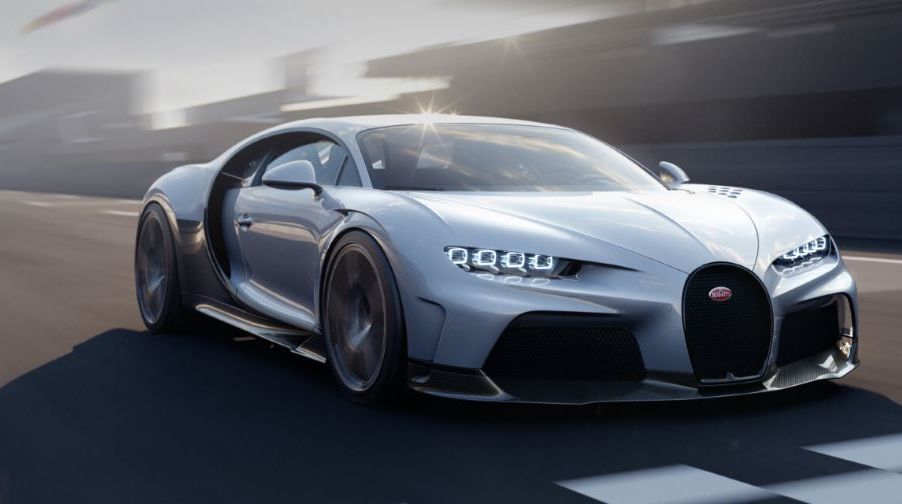 A silver-gray Bugatti Chiron Super Sport mid-engine performance-focused sports car coupe model on a racetrack