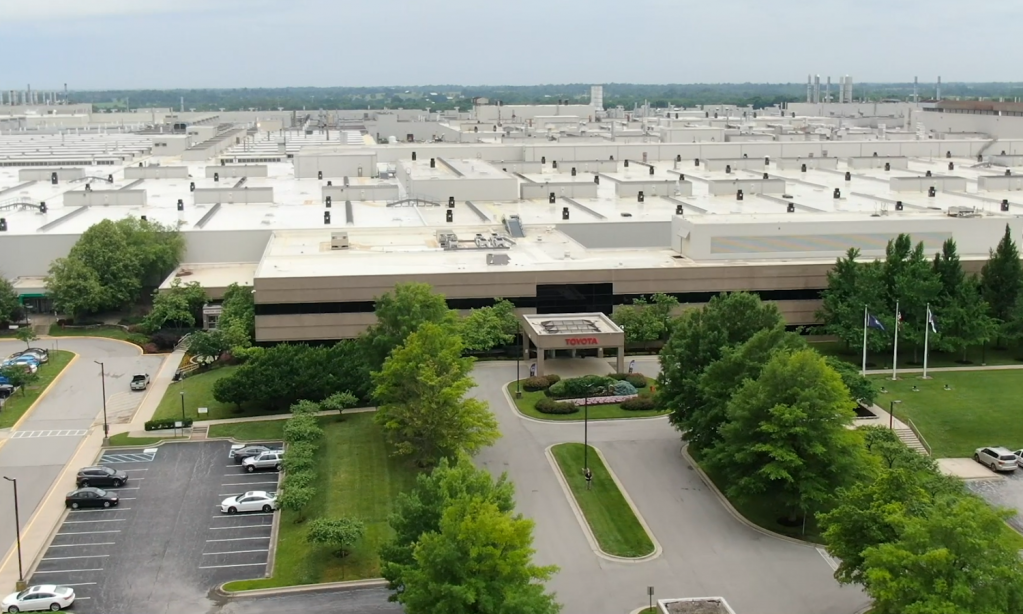 An aerial view of the Kentucky plant where Toyota Camrys and Lexus ES sedans are made