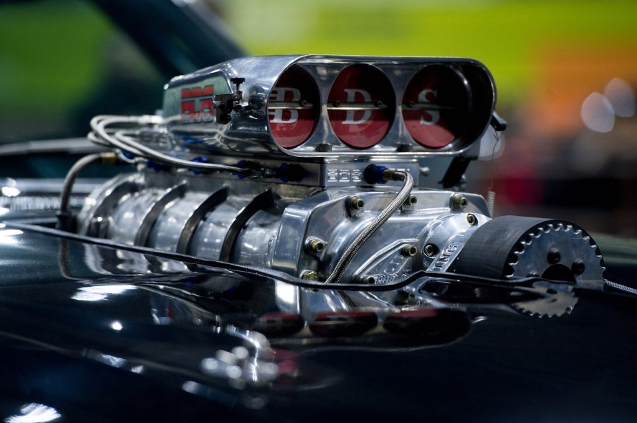 Closeup of the Supercharger on the 1970 Dodge Charger Vin Diesel drives in The Fast and the Furious