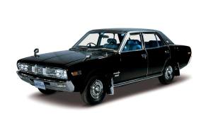 A promotional photo of a 1972 third-generation Nissan Cedric (fourth-generation Nissan Gloria) sedan