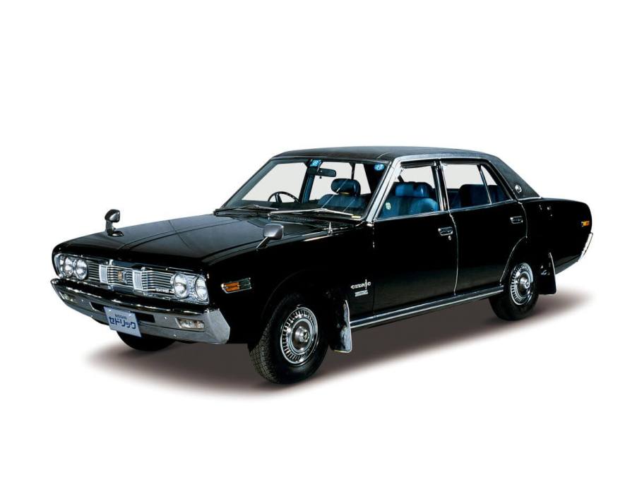 A promotional photo of a 1972 third-generation Nissan Cedric (fourth-generation Nissan Gloria) sedan