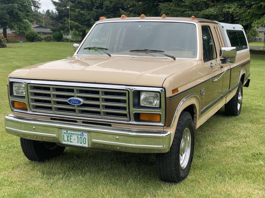The grille of a "bullnose" era Ford F-250 heavy-duty pickup truck parked on a lawn, trees visible in the background.