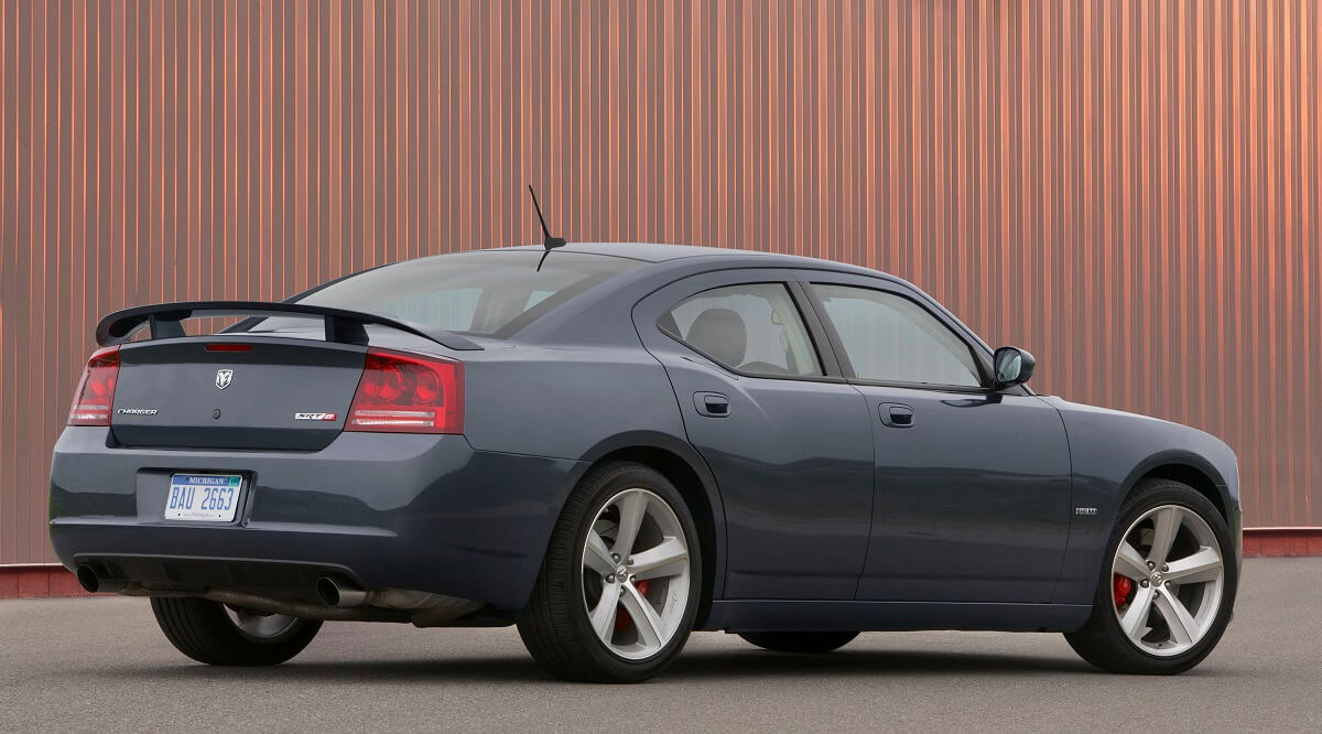 A 2009 Dodge Charger SRT8 shows off its rear-end styling.