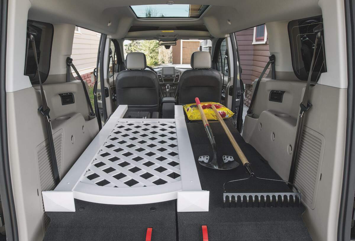 The cargo area of a 2021 Ford Transit Connect passenger van