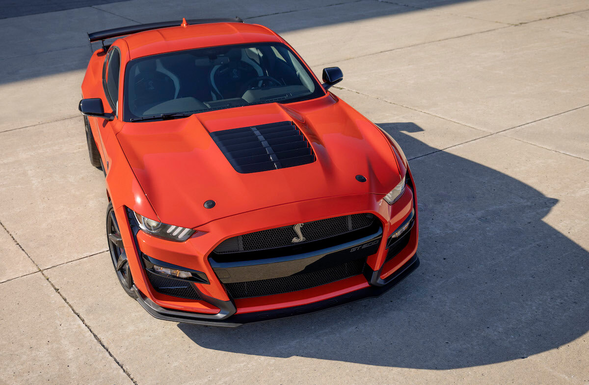 An overhead shot of a red 2022 Ford Mustang Shelby GT500