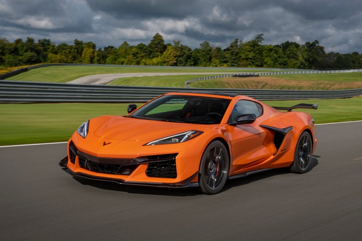 A bright-orange 2023 Chevrolet Corvette Z06 shows off its alternative styling with a gaping front fascia.