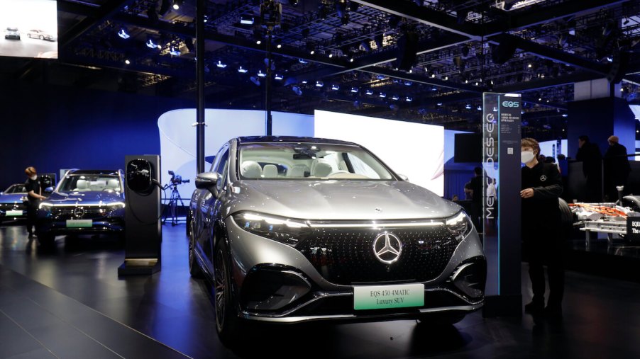 A Mercedes-Benz Group AG EQS 450 4Matic sport utility vehicle (SUV) at the Shanghai Auto Show. The 2023 EQS SUV is one of the best EVs in the automaker's lineup.