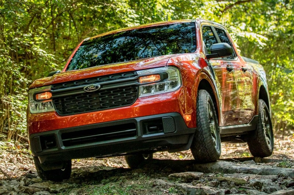 The 2023 Ford Maverick off-roading in the woods