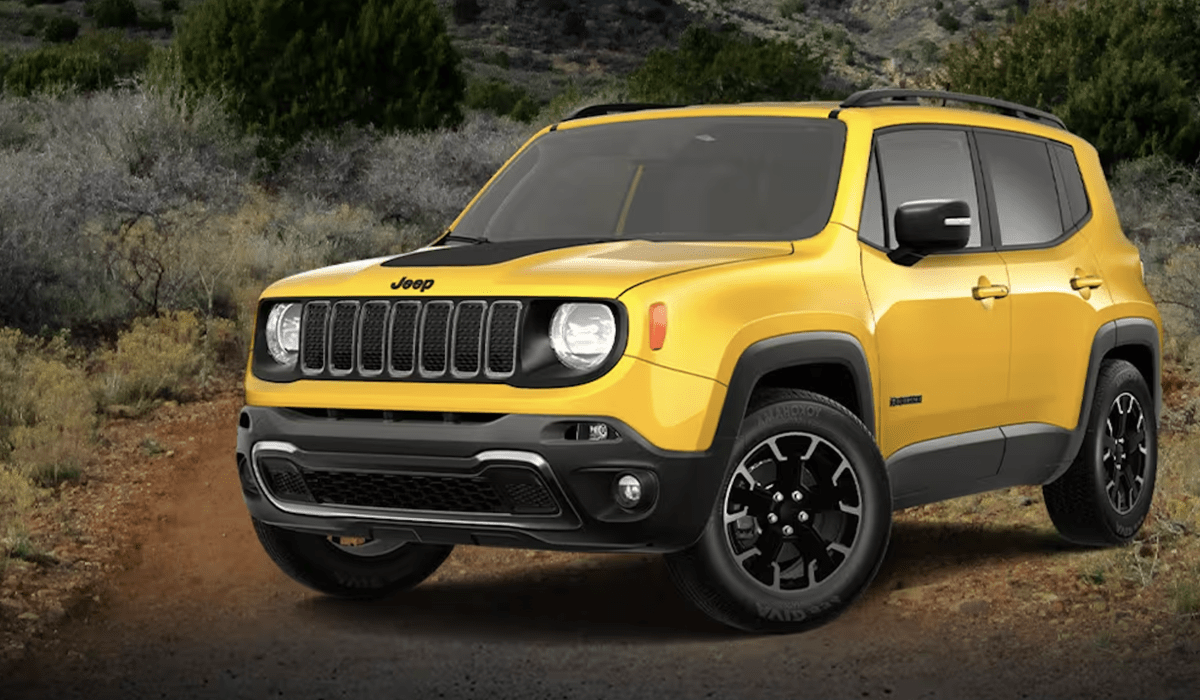 Yellow 2023 Jeep Renegade front 3/4 view. Expect to see some dealership deals for this one