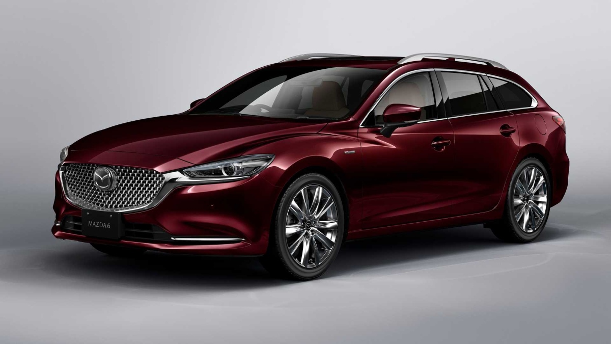 The front of a maroon-colored 2023 Mazda6 wagon