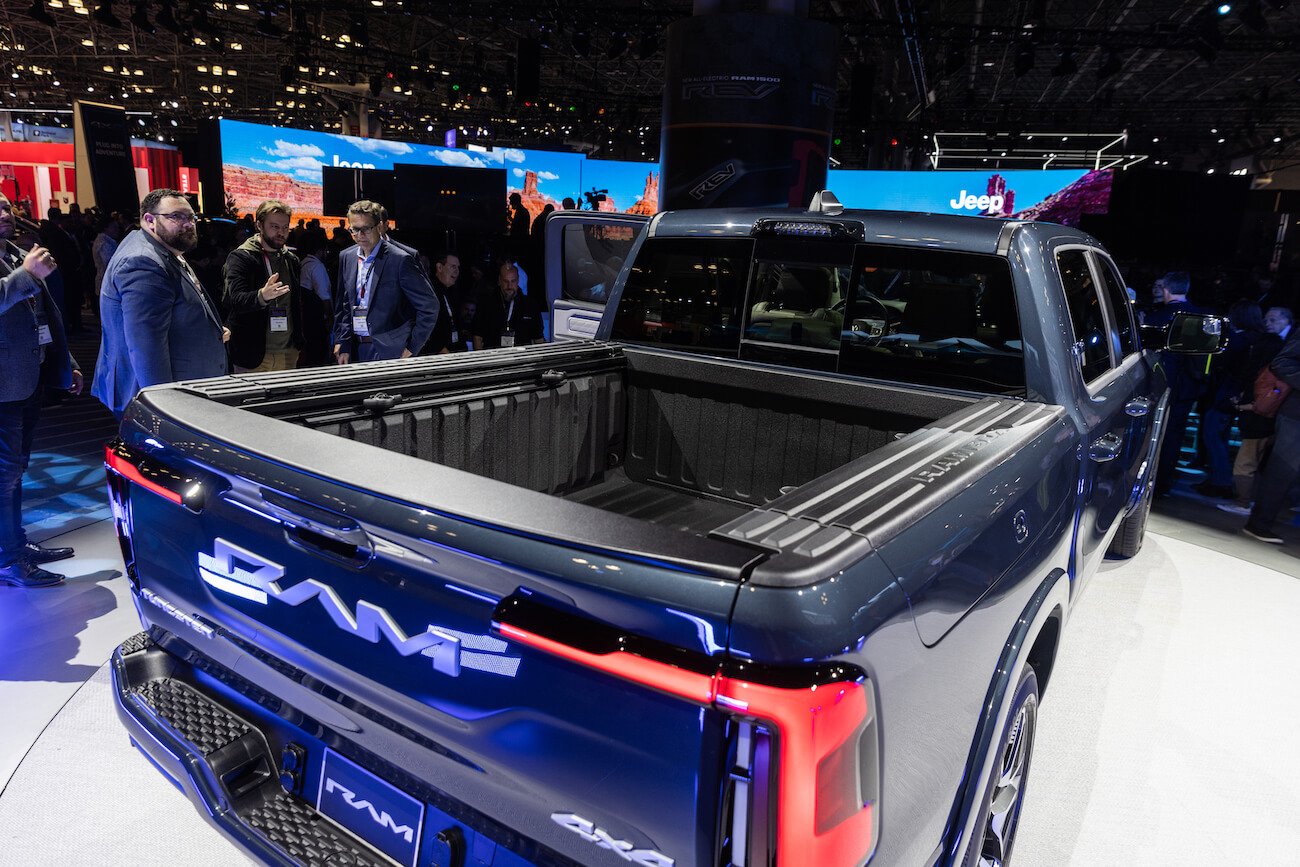 A RAM 1500 REV electric pickup rear during the 2023 New York International Auto Show