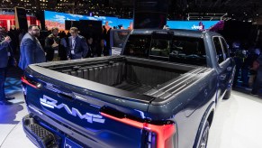 A RAM 1500 REV electric pickup rear during the 2023 New York International Auto Show