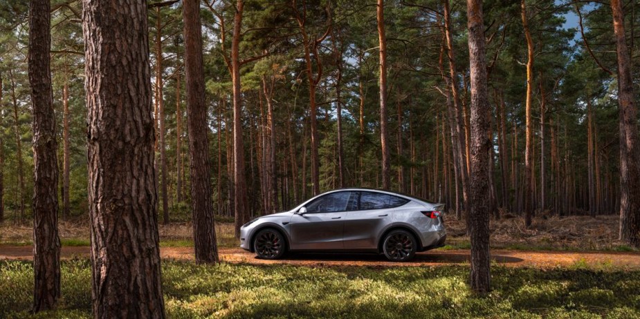 A gray 2023 Tesla Model Y small electric SUV is parked outdoors. 