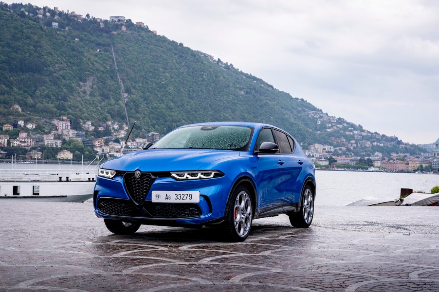2024 Alfa Romeo Tonale, performance-optimized, stationed on a dock in blue.