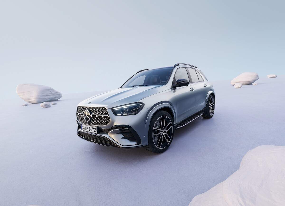 A silver 2024 Mercedes-Benz GLE parked on fake ice