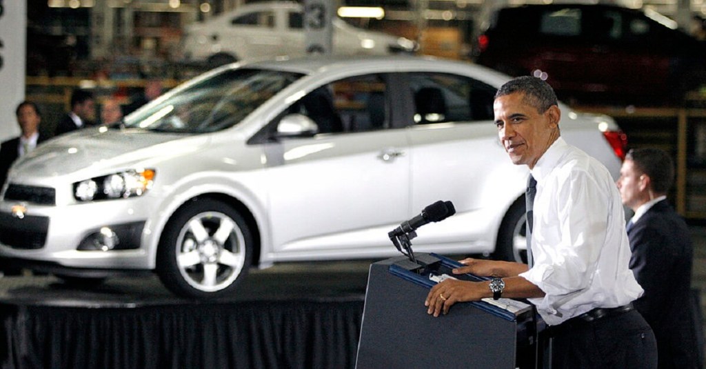 Former U.S. President Barack Obama speaks at a Chevy plant. 