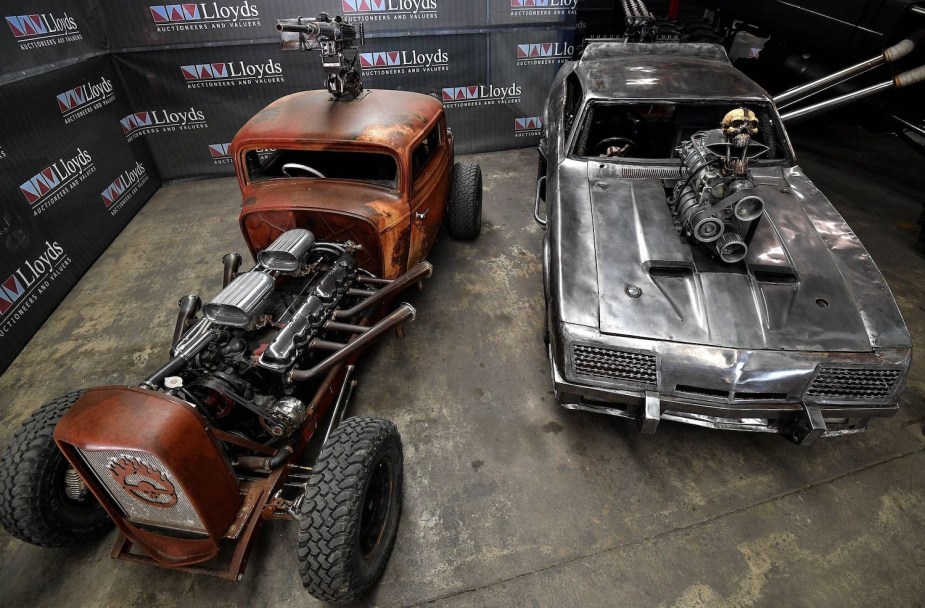 Overhead view of two of the highly movdified cars used during filming of Mad Max: Fury Road.