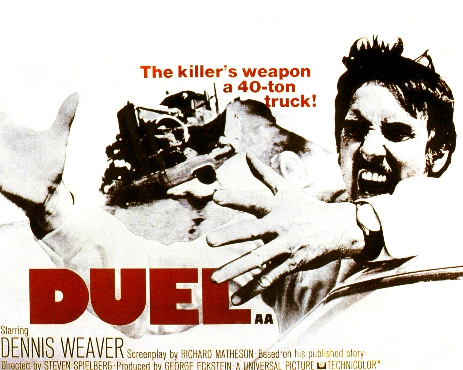 Poster for 1971 'Duel', car film shows  Dennis Weaver, his Plymouth Valiant, and a truck.