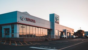 A Toyota car dealership at dusk