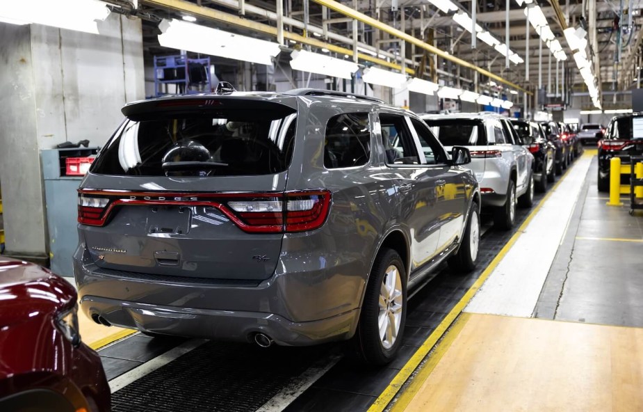 A row of freshly assembled Dodge Durango and Jeep Grand Cherokee SUVs at the company's U.S.A. factory.