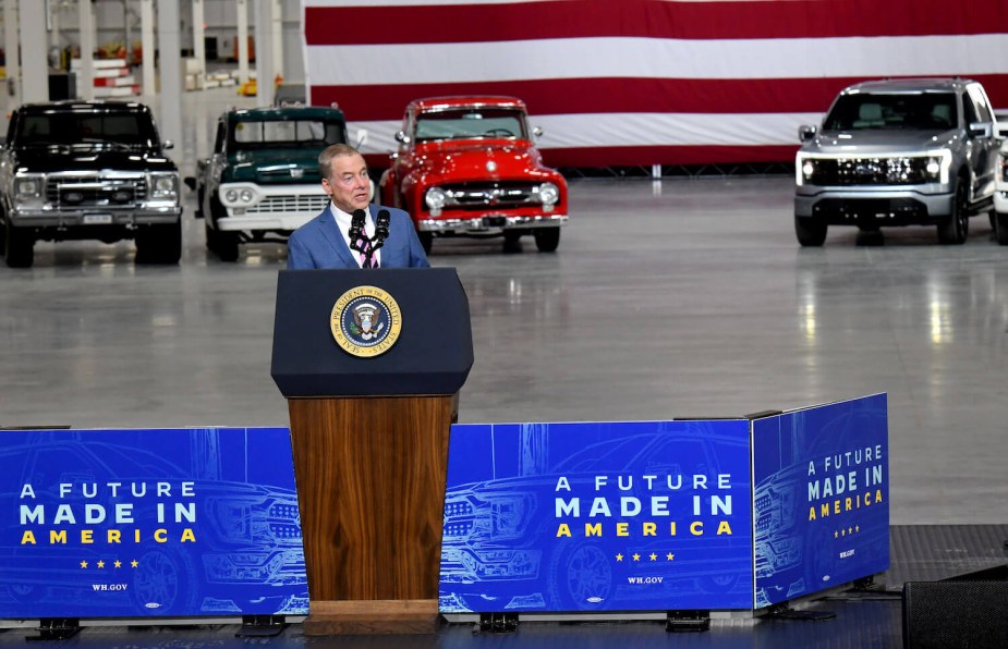 Bill Ford speaks at the Dearborn full-size F-150 pickup truck assembly plant in the U.S.A.