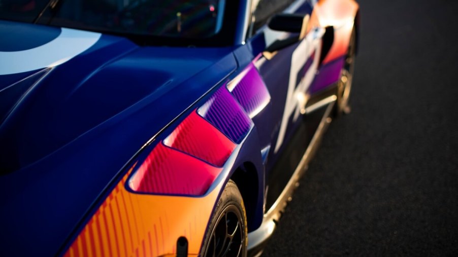 A new Ford Mustang GT3 shows off its livery at sunset.